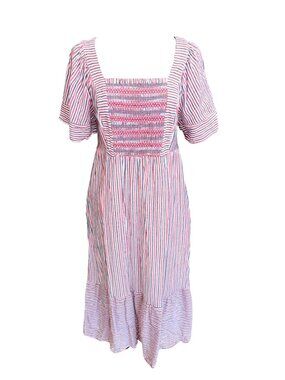 Farmgirl Cottage Core Old Navy Women M Red White Blue Striped Smock Midi Dress